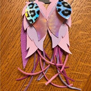 Pink and Leopard Feather Earrings